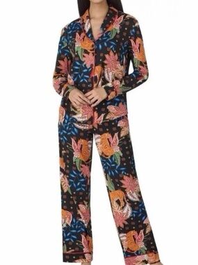 Room Service Women's Tiger Black Orange Multi Floral Pajama Set PJs - Size Large